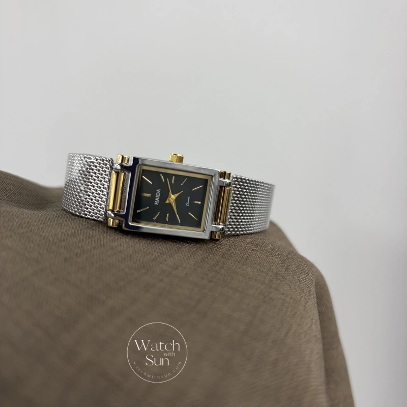 Classic Rectangle Black Dial Two Tone Women's Watch