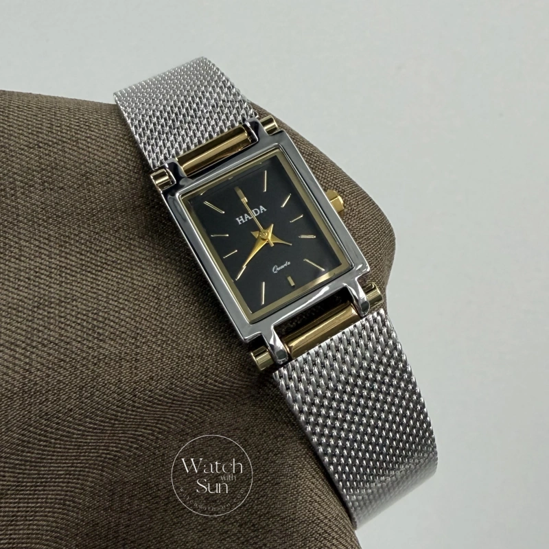 WWS 814-8 Classic Rectangle Black Dial Two Tone Women's Watch