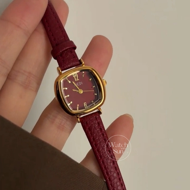 Chic Red/Brown/Grey/Blue Square Genuine Leather Strap Women's Watch