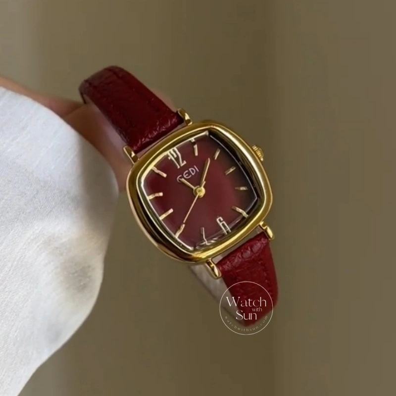 Chic Red/Brown/Grey/Blue Square Genuine Leather Strap Women's Watch
