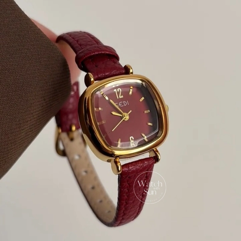 Chic Red/Brown/Grey/Blue Square Genuine Leather Strap Women's Watch