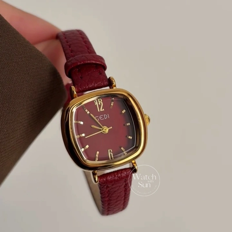 Chic Red/Brown/Grey/Blue Square Genuine Leather Strap Women's Watch