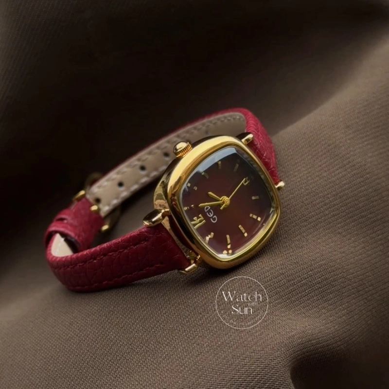 Chic Red/Brown/Grey/Blue Square Genuine Leather Strap Women's Watch