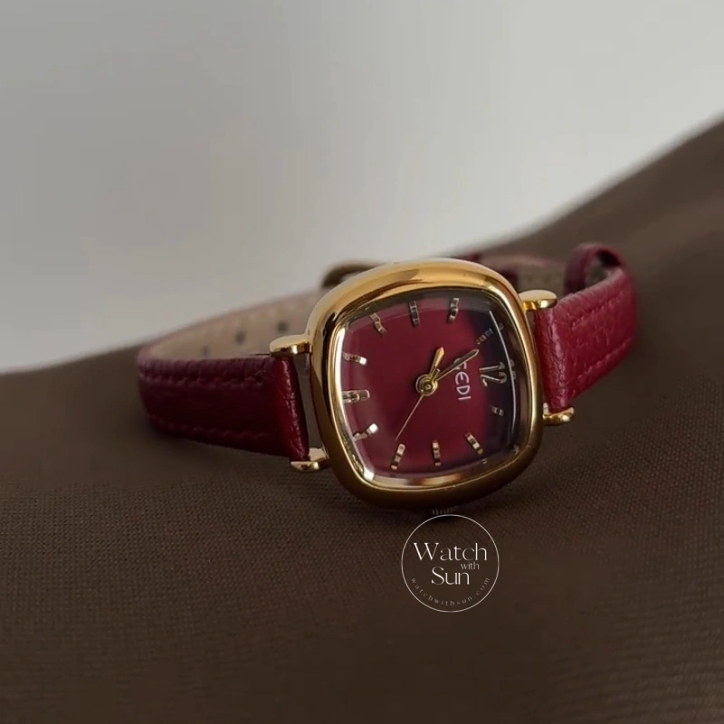Chic Red/Brown/Grey/Blue Square Genuine Leather Strap Women's Watch