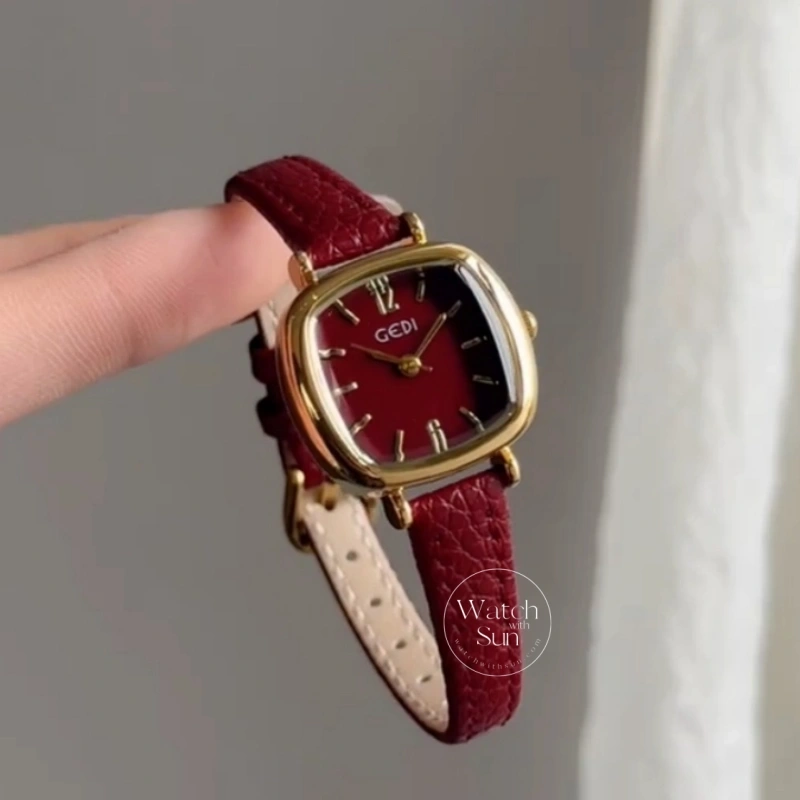 Chic Red/Brown/Grey/Blue Square Genuine Leather Strap Women's Watch