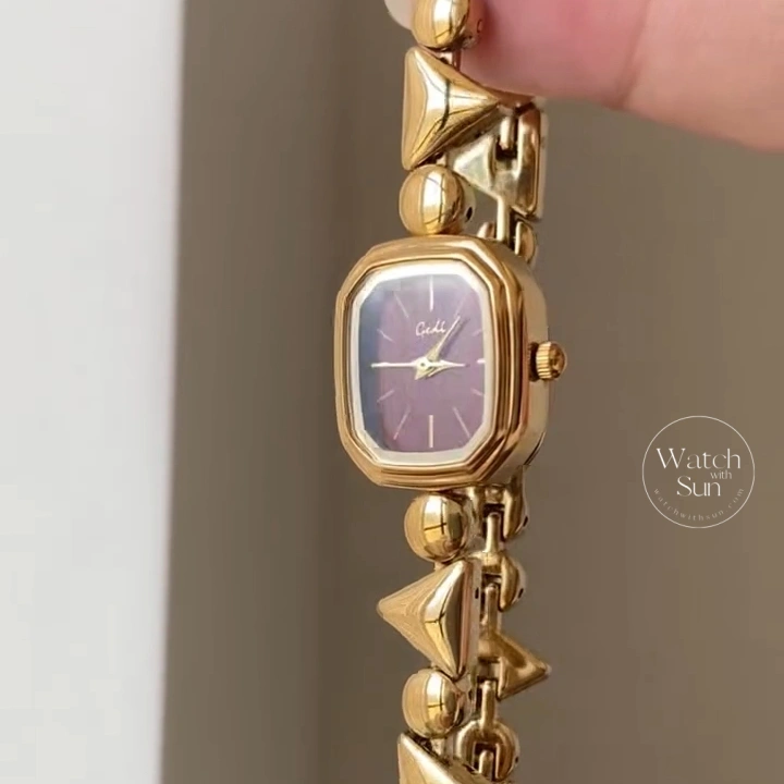Retro Gold Burgundy Dial Geometric Link Bracelet Women's Watch