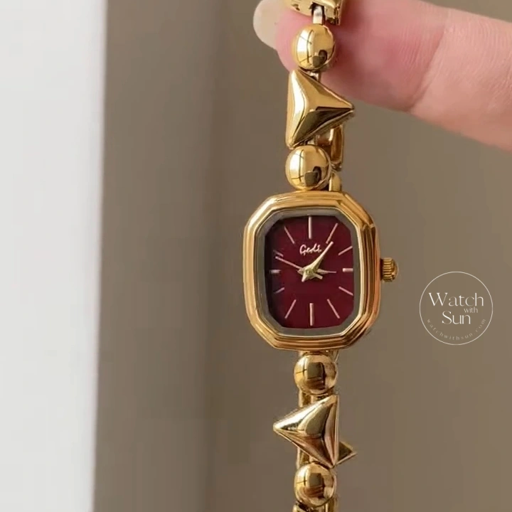 Retro Gold Burgundy Dial Geometric Link Bracelet Women's Watch