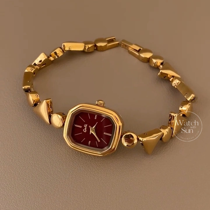 Retro Gold Burgundy Dial Geometric Link Bracelet Women's Watch