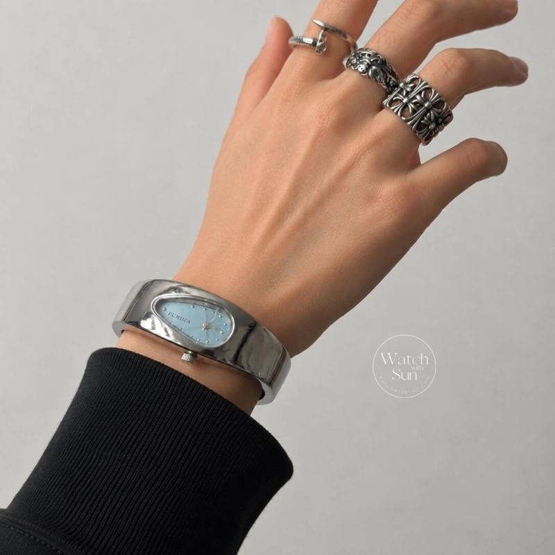 Unisex Silver/Blue/Green/Orange Teardrop Dial Bangle Watch