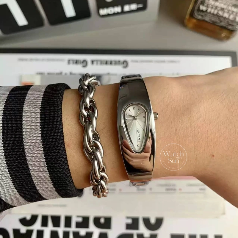Unisex Silver/Blue/Green/Orange Teardrop Dial Bangle Watch