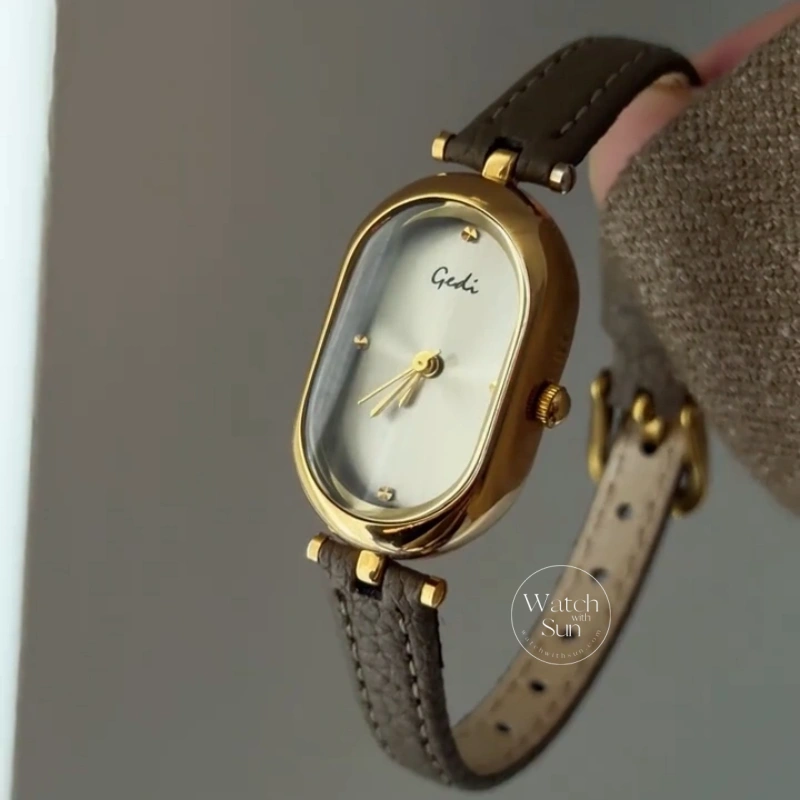 Retro Brown/Grey Oval Dial Genuine Leather Strap Women's Watch