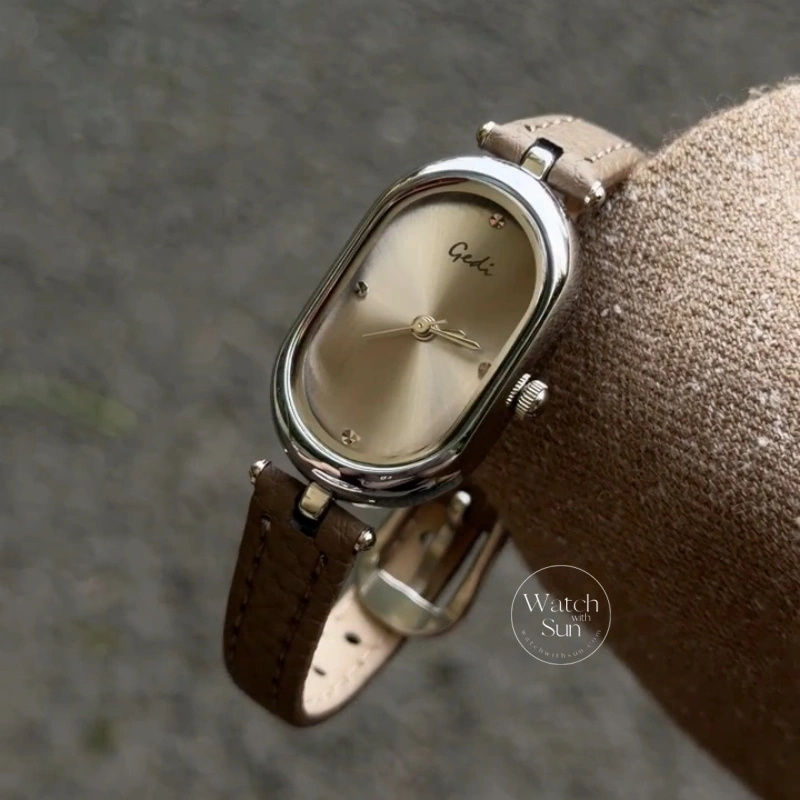 Retro Brown/Grey Oval Dial Genuine Leather Strap Women's Watch