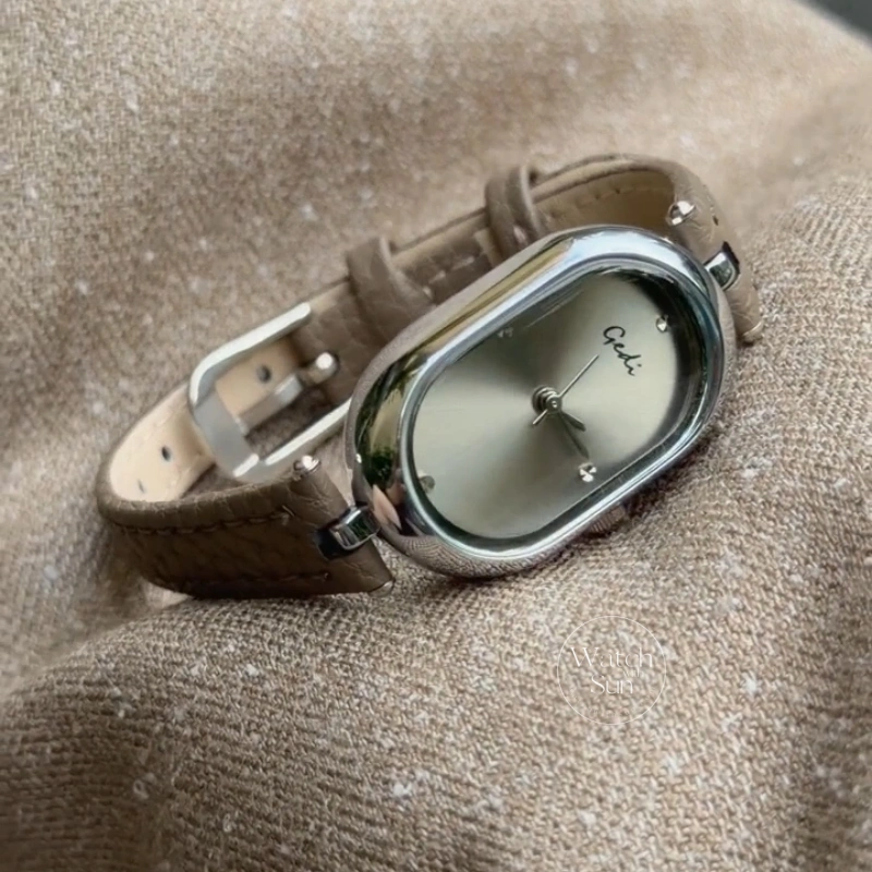 Retro Brown/Grey Oval Dial Genuine Leather Strap Women's Watch