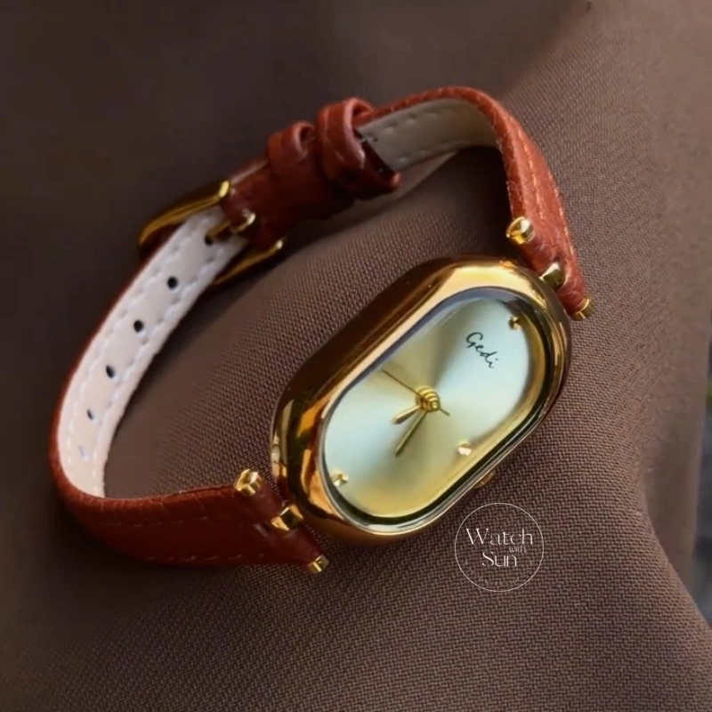 Retro Brown/Grey Oval Dial Genuine Leather Strap Women's Watch