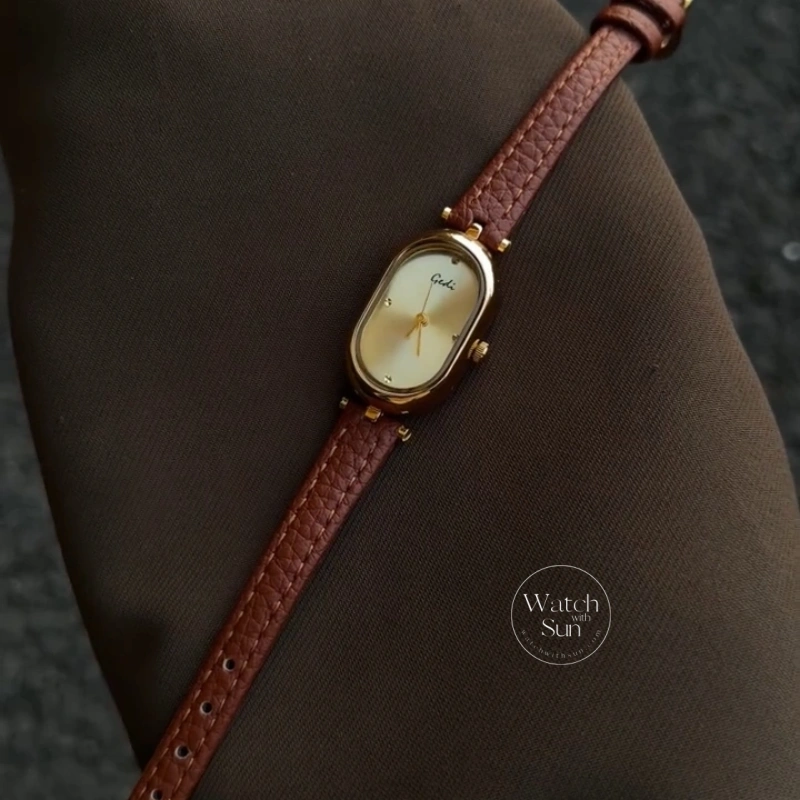 Retro Brown/Grey Oval Dial Genuine Leather Strap Women's Watch