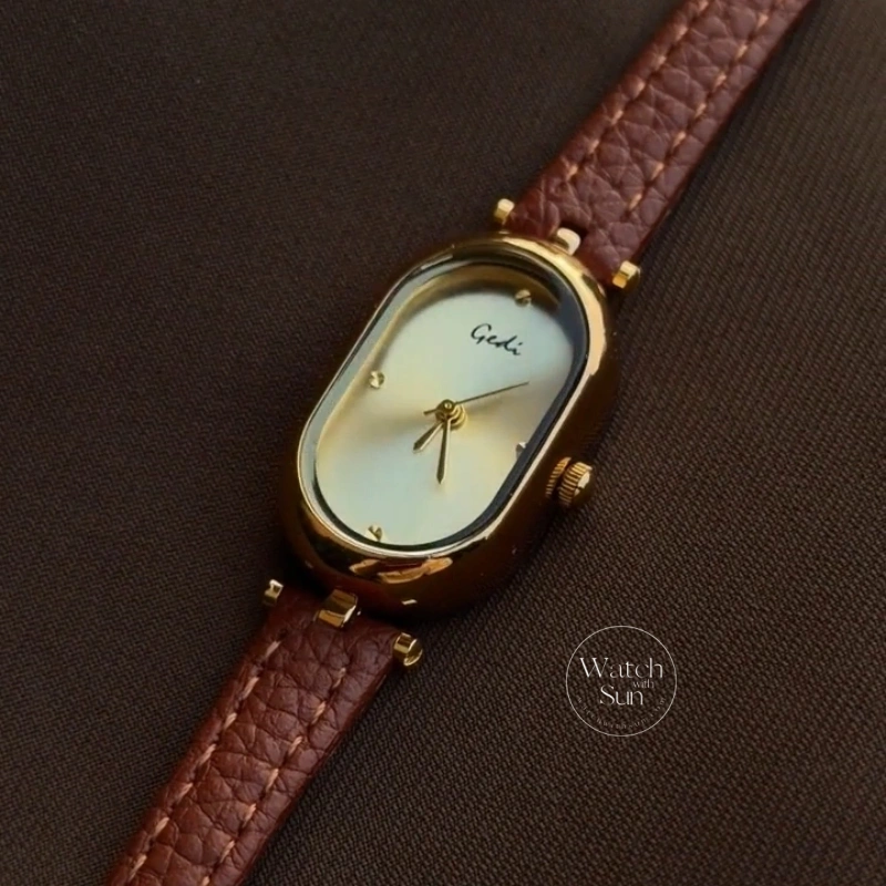 Retro Brown/Grey Oval Dial Genuine Leather Strap Women's Watch