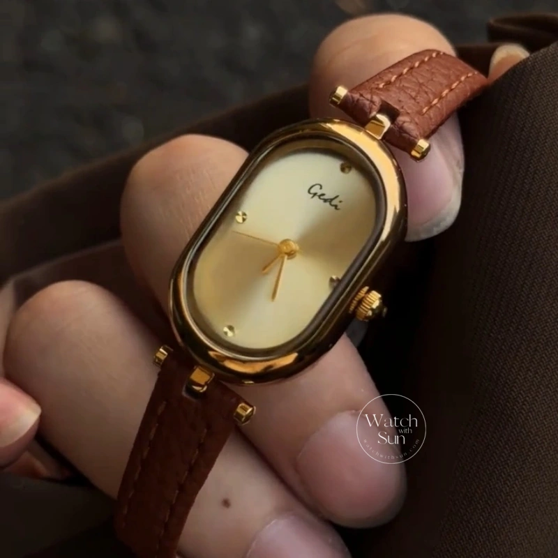 Retro Brown/Grey Oval Dial Genuine Leather Strap Women's Watch