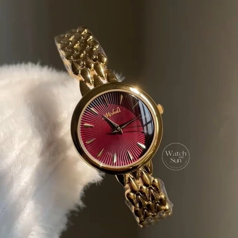 WWS 823-5 Dainty Gold Burgundy Sunray Dial Metal Bracelet Women's Watch