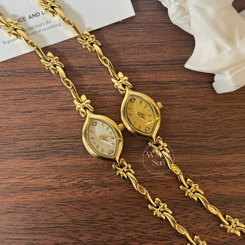 Dainty Gold/White Marquise Dial Floral Twist Bracelet Women‘s Watch