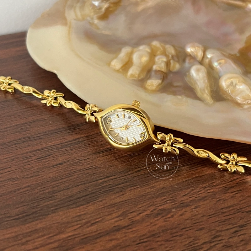 Dainty Gold/White Marquise Dial Floral Twist Bracelet Women‘s Watch