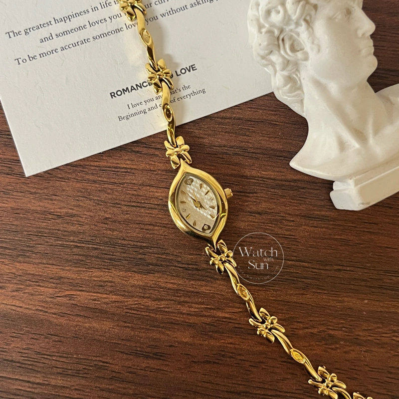 Dainty Gold/White Marquise Dial Floral Twist Bracelet Women‘s Watch