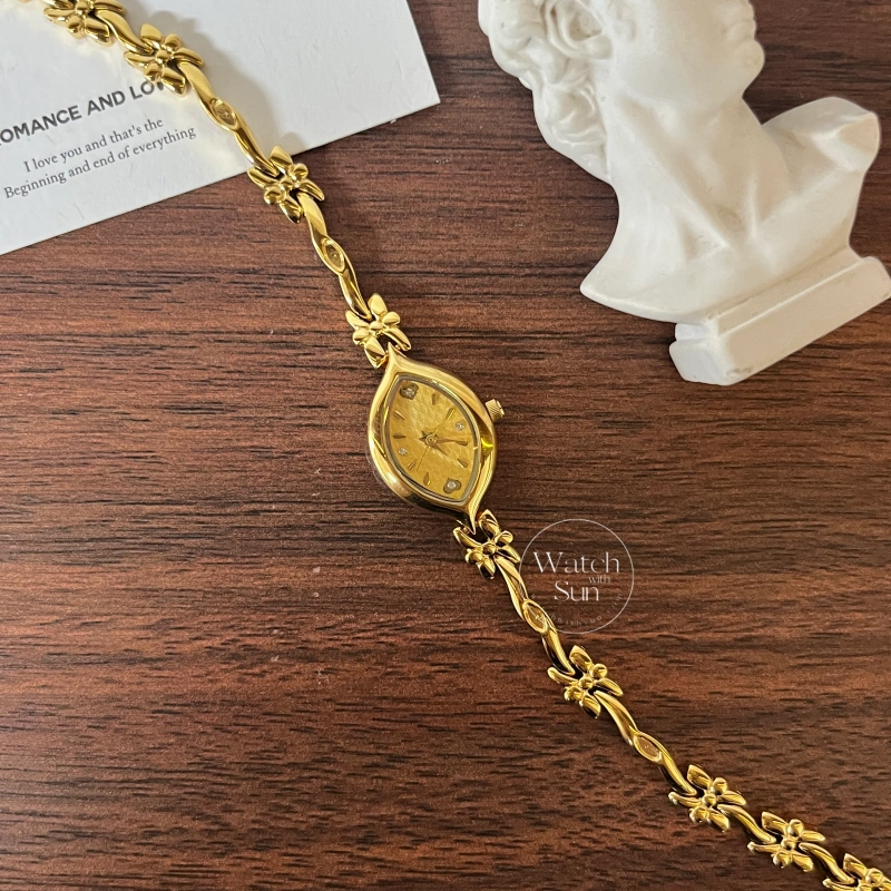Dainty Gold/White Marquise Dial Floral Twist Bracelet Women‘s Watch