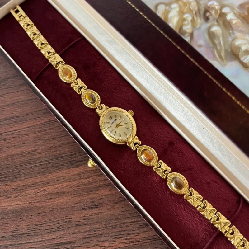 Elegant Beige Mother of Pearl Tiger's Eye Gemstone Bracelet Watch