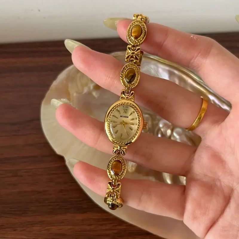 Elegant Beige Mother of Pearl Tiger's Eye Gemstone Bracelet Watch
