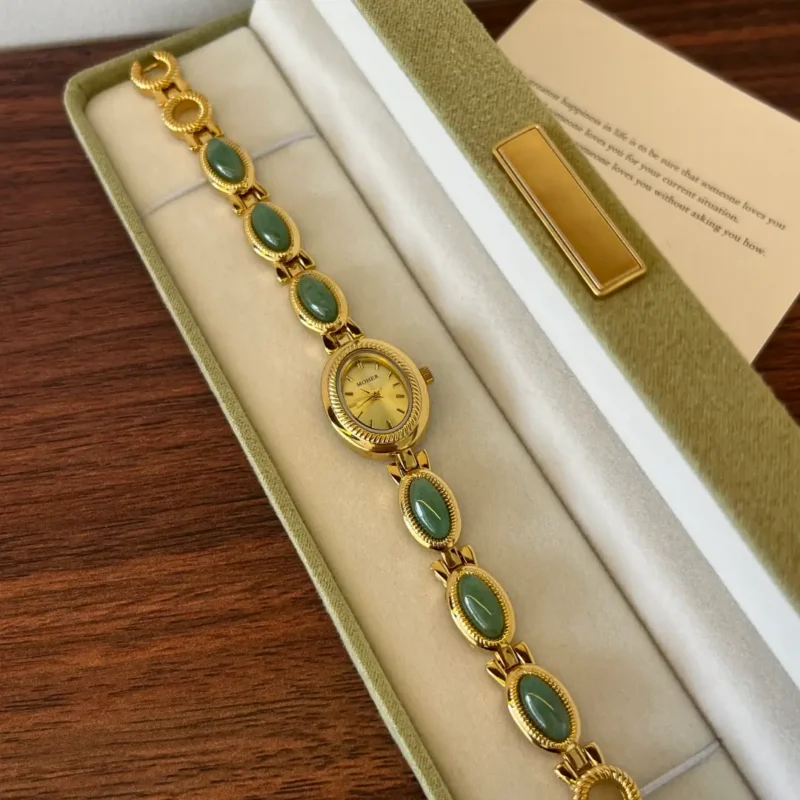 Retro Gold Oval Green Jade Bracelet Women's Watch