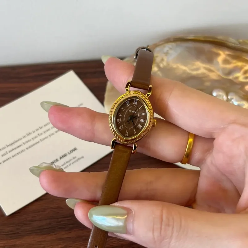 W 838 .webp Classic Brown Leather Strap Watch for Women