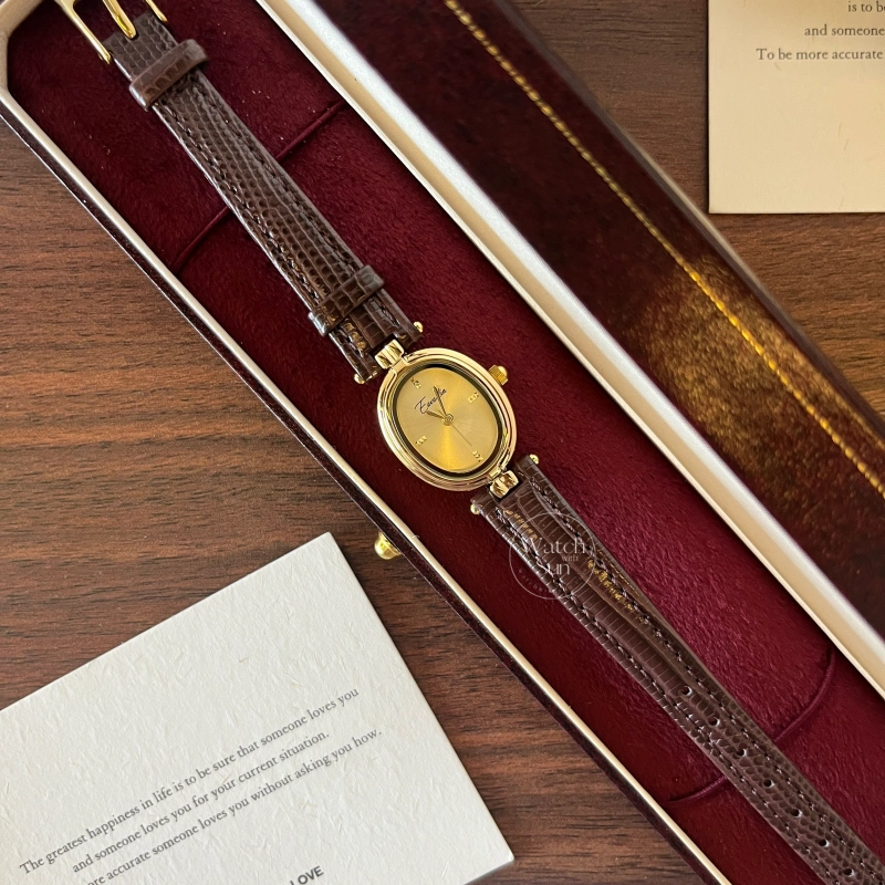 N151-4 Vintage Style Brown/Black Oval Leather Watch for Women