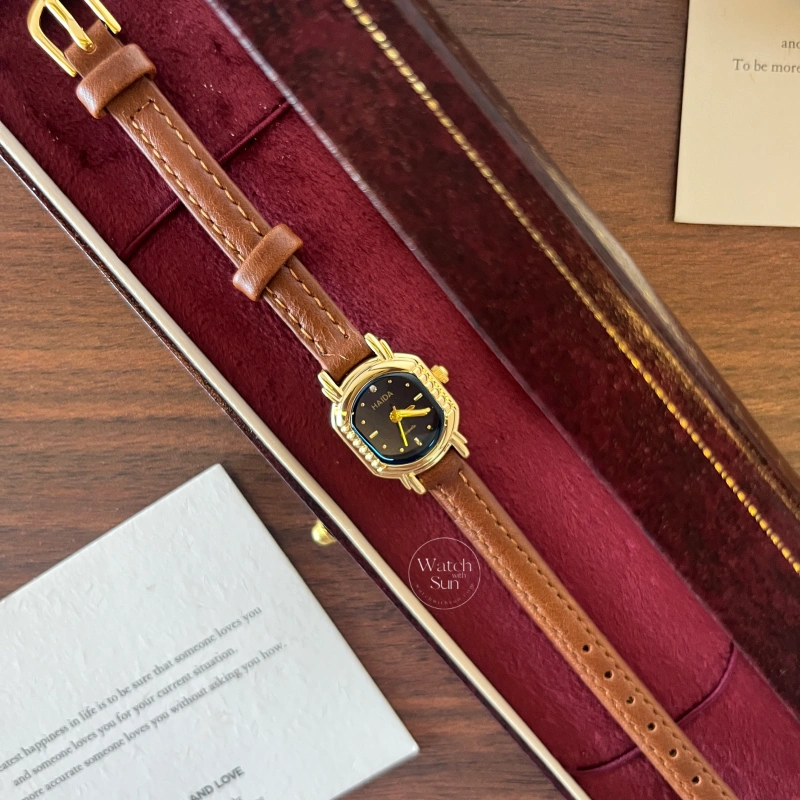 N258-4 Vintage Inspired Small Blue Face Brown Leather Watch for Women