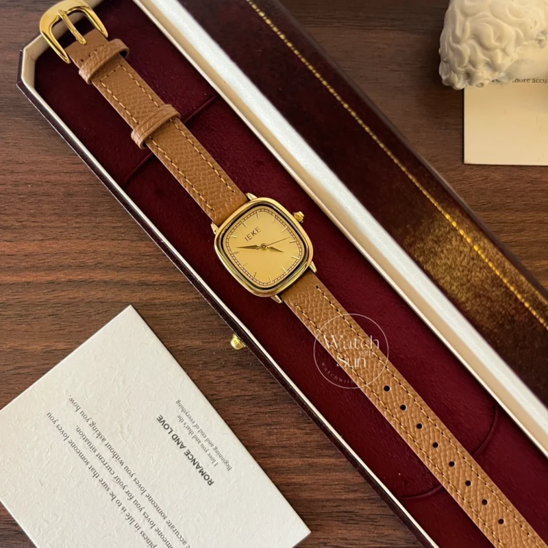 N339-3 Vintage Style Brown-Gold Square Leather Watch for Women
