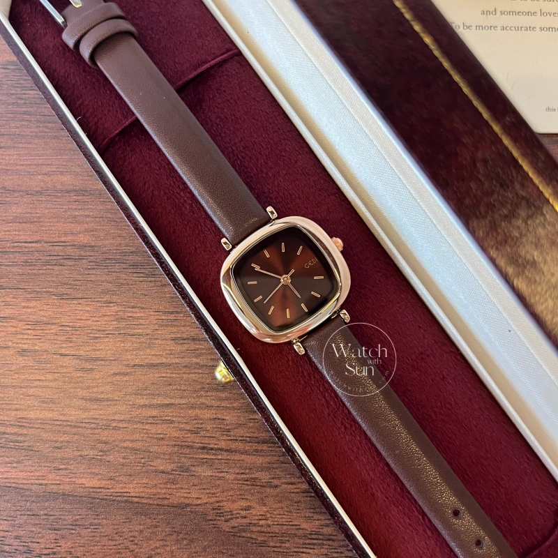 N43-1 Dainty Black/Brown/Beige/Red Square Women's Leather Watch