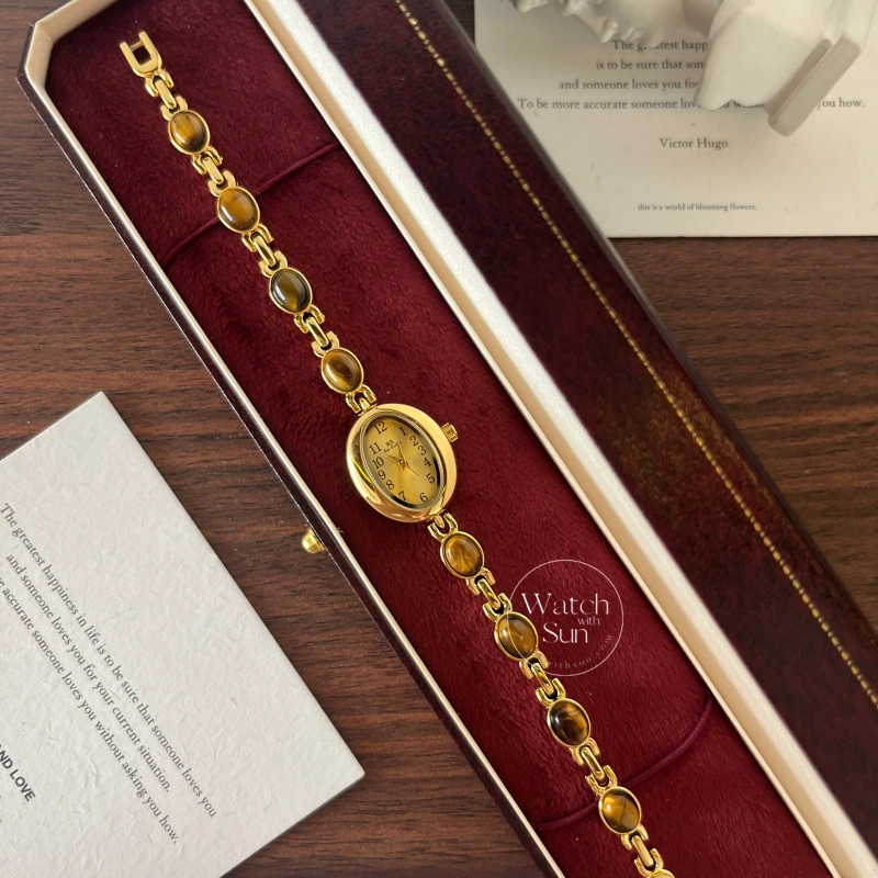 N496-1 Vintage Natural Tiger's Eye Bracelet Women's Watch
