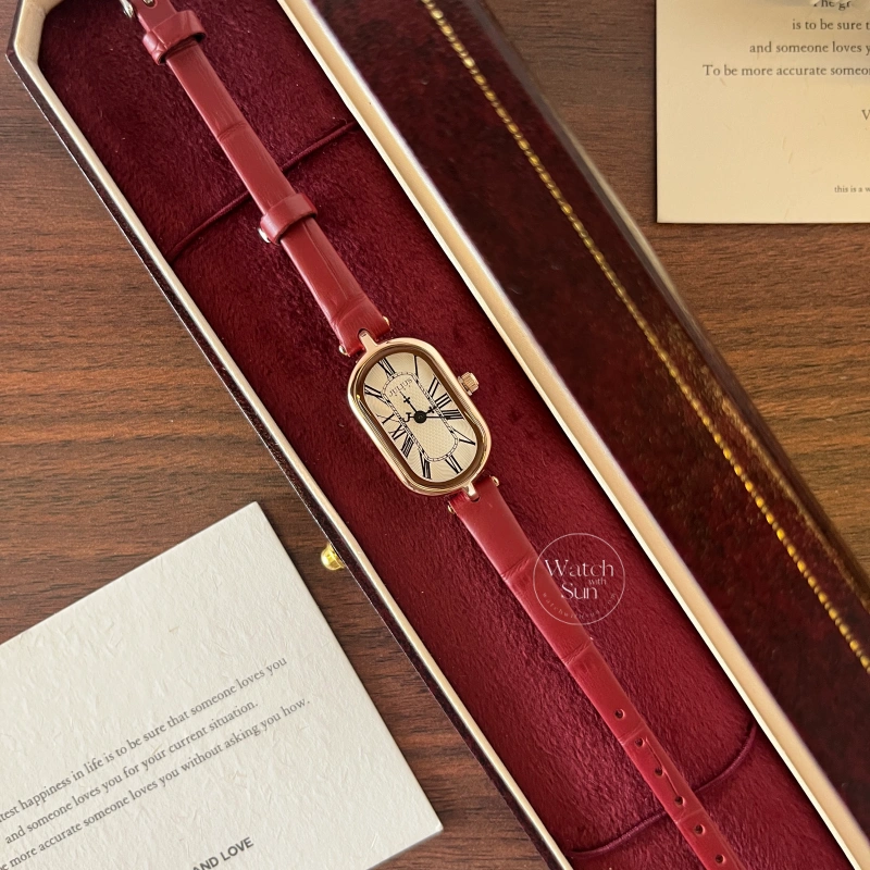 N564-2 Classic Red Oval Genuine Leather Wristwatch