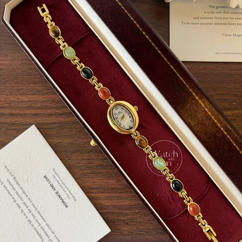 N595-1 Vintage Gold Watch Mother of Pearl Dial Colorful Nature Stone Bracelet Watch