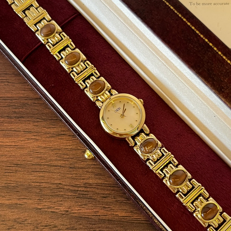 Women‘s Gold Watch Natural Tiger’s Eye Stone Bracelet Minimalist Watch