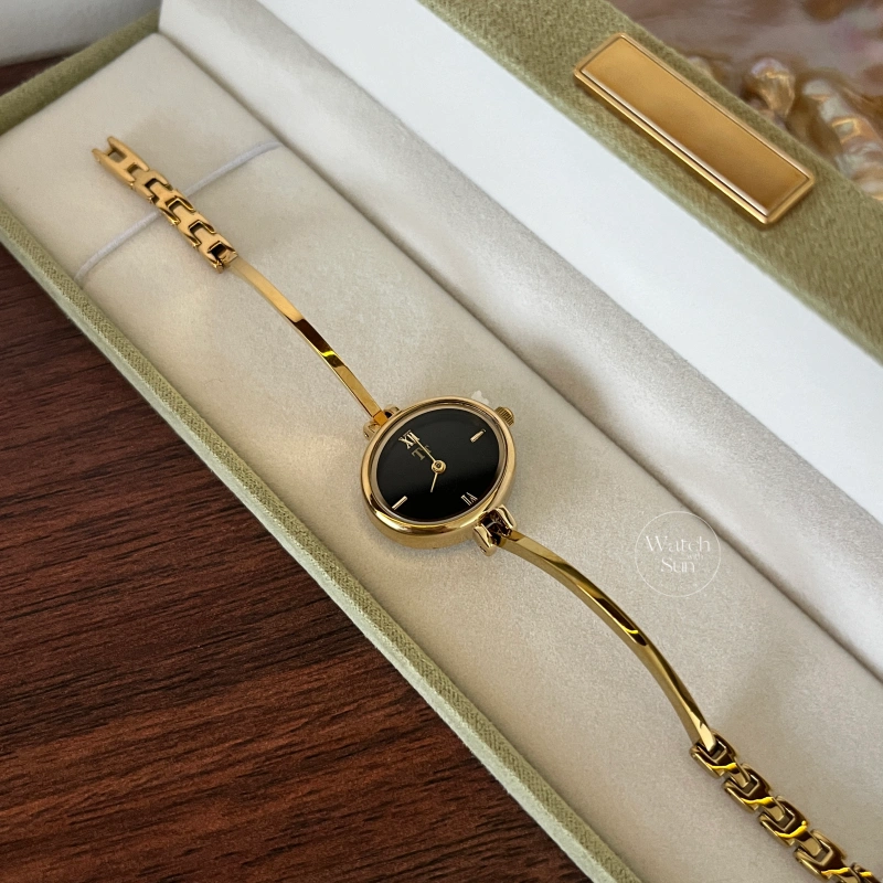N840-1 Elegant Gold Oval Black Dial Slim Bracelet Watch for Women