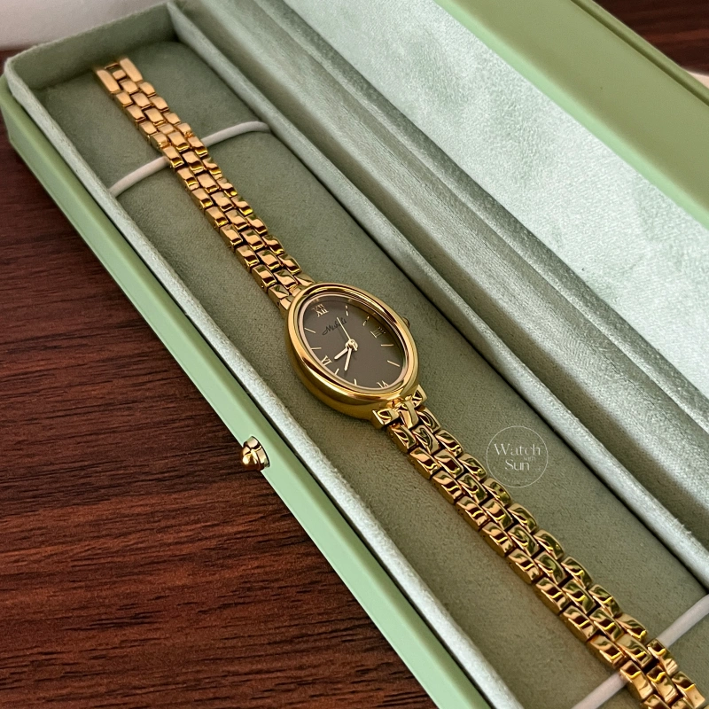 N841-1 Classic Gold Oval Olive Green Dial Link Bracelet Watch for Women