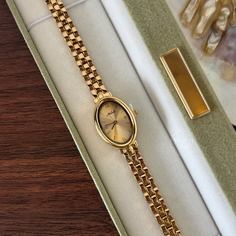 N842-1 Classic Gold Oval Sunburst Dial Link Bracelet Watch for Women