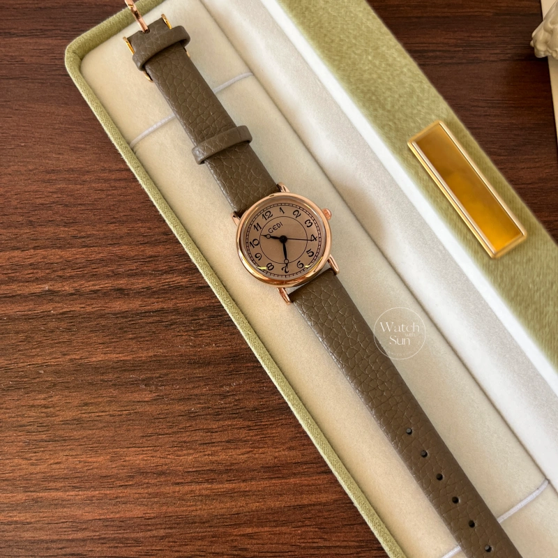 Classic Rose Gold Round Dial Taupe Leather Strap Watch for Women
