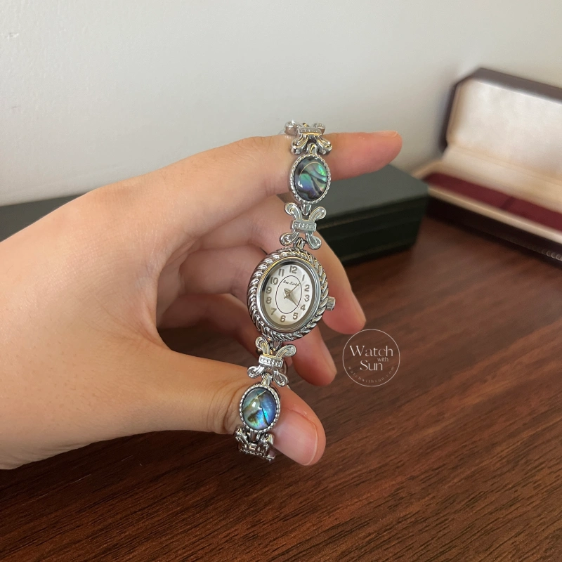 Classic Silver Oval Dial Abalone Shell Floral Bracelet Watch for Women