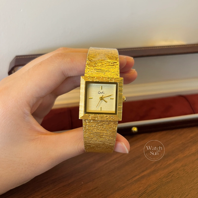 Classic Gold Square Dial Wide Textured Bracelet Watch for Women