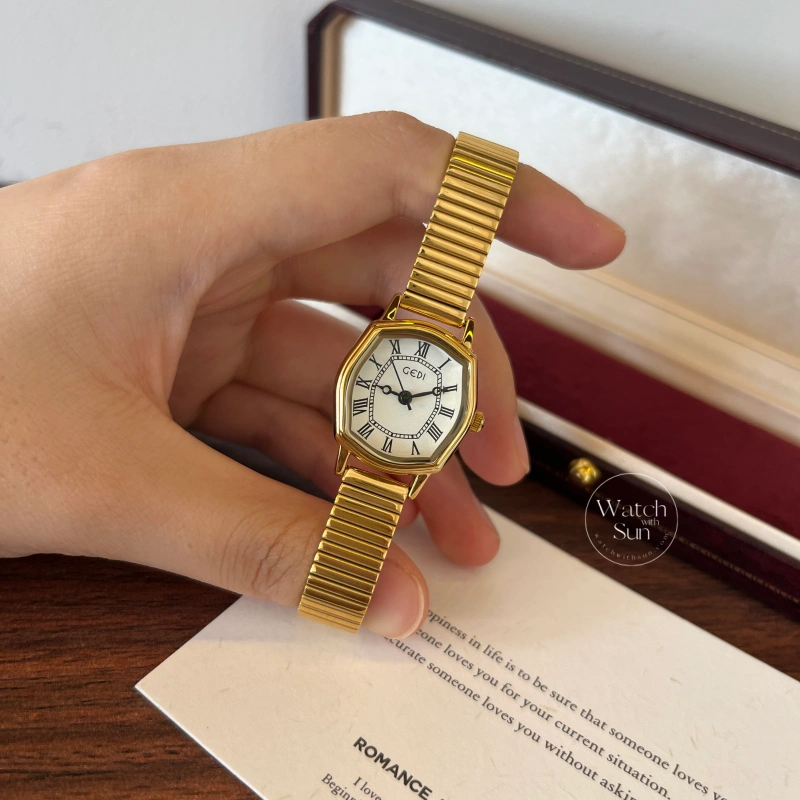 Classic Gold Octagonal Cream Dial Ribbed Bracelet Watch for Women