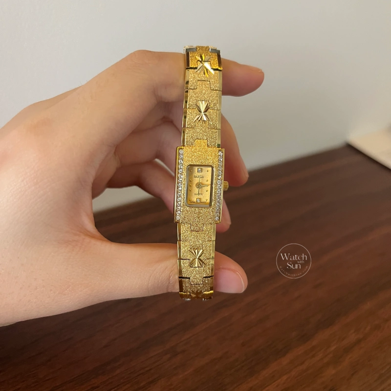 Elegant Gold Rectangular Dial Zircon Accent Engraved Bracelet Watch for Women