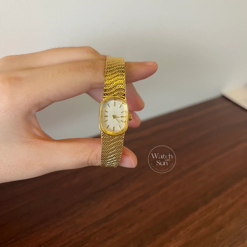 Classic Gold Cushion Cream Dial Woven Mesh Bracelet Watch for Women