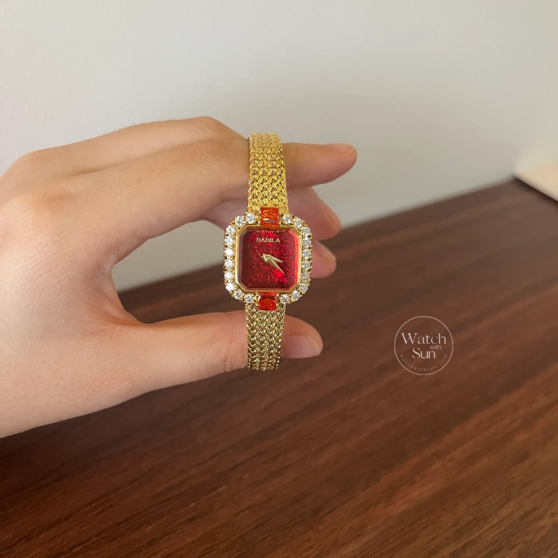 Elegant Gold Red Rectangular Dial Zircon Mesh Bracelet Watch for Women