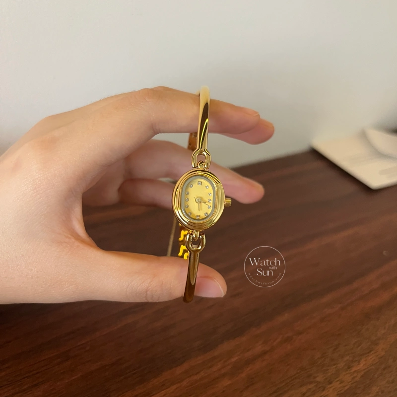 Elegant Gold Oval Dial Zircon Slim Bar Bracelet Watch for Women