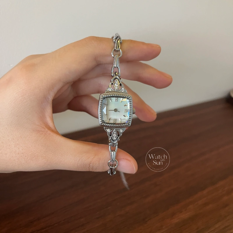N882-6 Elegant Silver Square Pink Mother of Pearl Dial Chain Bracelet Watch for Women